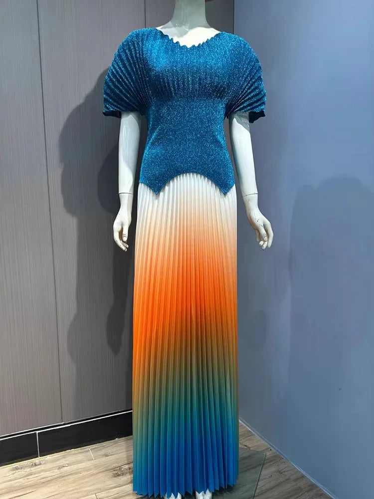 Maxy Pleated 2 Pieces Set Women Fashion V Neck Short Batwing Sleeves Irregular Hem T-shirt&New Gradient A-line Folds Long Skirt