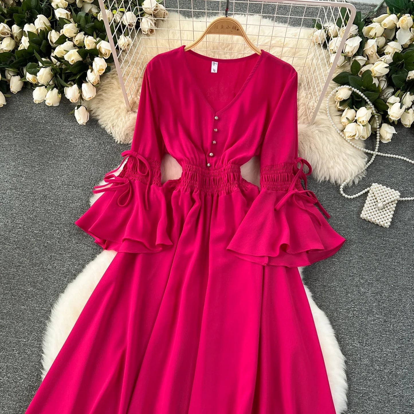 Maxy Purple/Green/Red Pleated Maxy Long Dress Women Vintage V-Neck Flare Sleeve Draped Ruffle Female Maxy Robe Summer