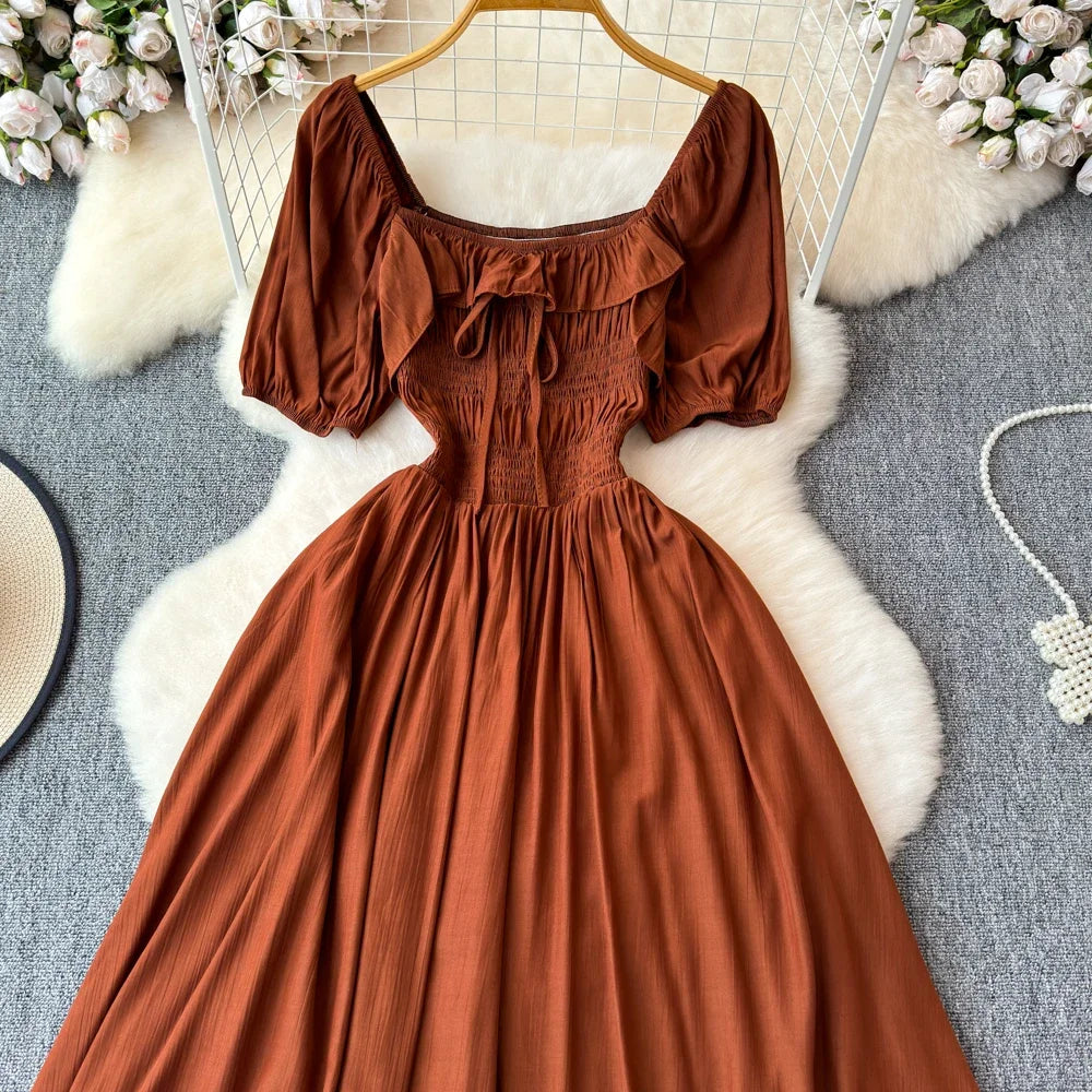 Babs Chic Elegant Square Collar Macy Dress Women Solid Short Puff Sleeve Dresses 2024 Korean Fashion Vintage Ruffle Vestidos