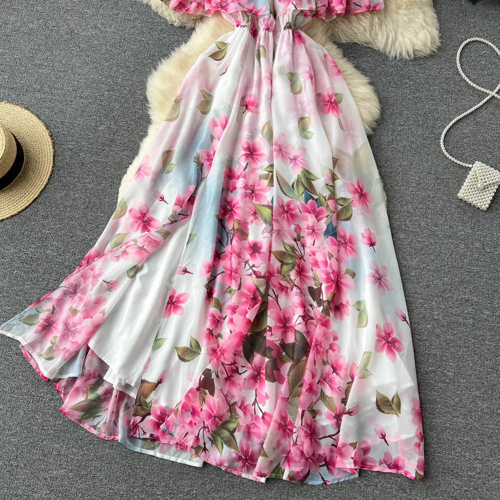 Summer Ruffle Off The Shoulder Chiffon Dress Women Sexy Slim A-line Printed Dresses Ladies Viantage Beach Split Maxi Dress