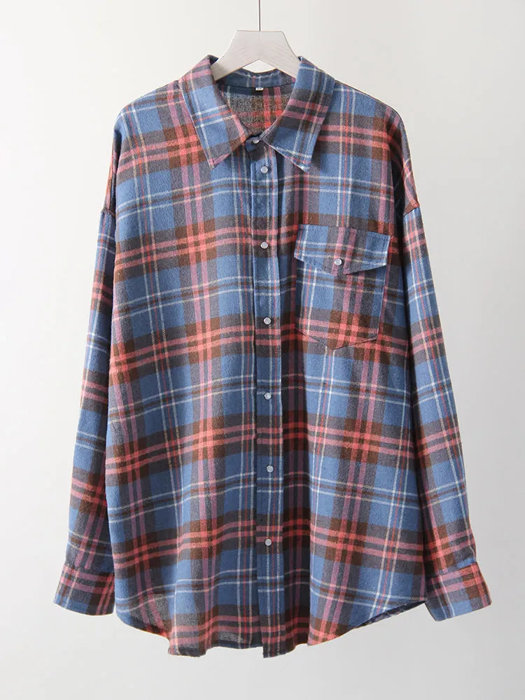 Maxy Green Vintage Plaid Shirt Women Oversize Top Long Sleeves Autumn Winter Loose Women's Shirt And Blouses Oversized