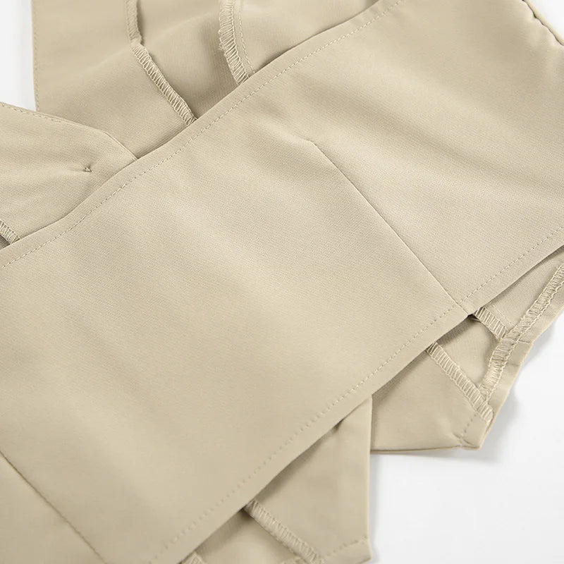 Maxy Spring Summer Women Office Shorts Suit Set Solid Khaki Sleeveless Halter Outfit 2 Piece Matching Sets For Women