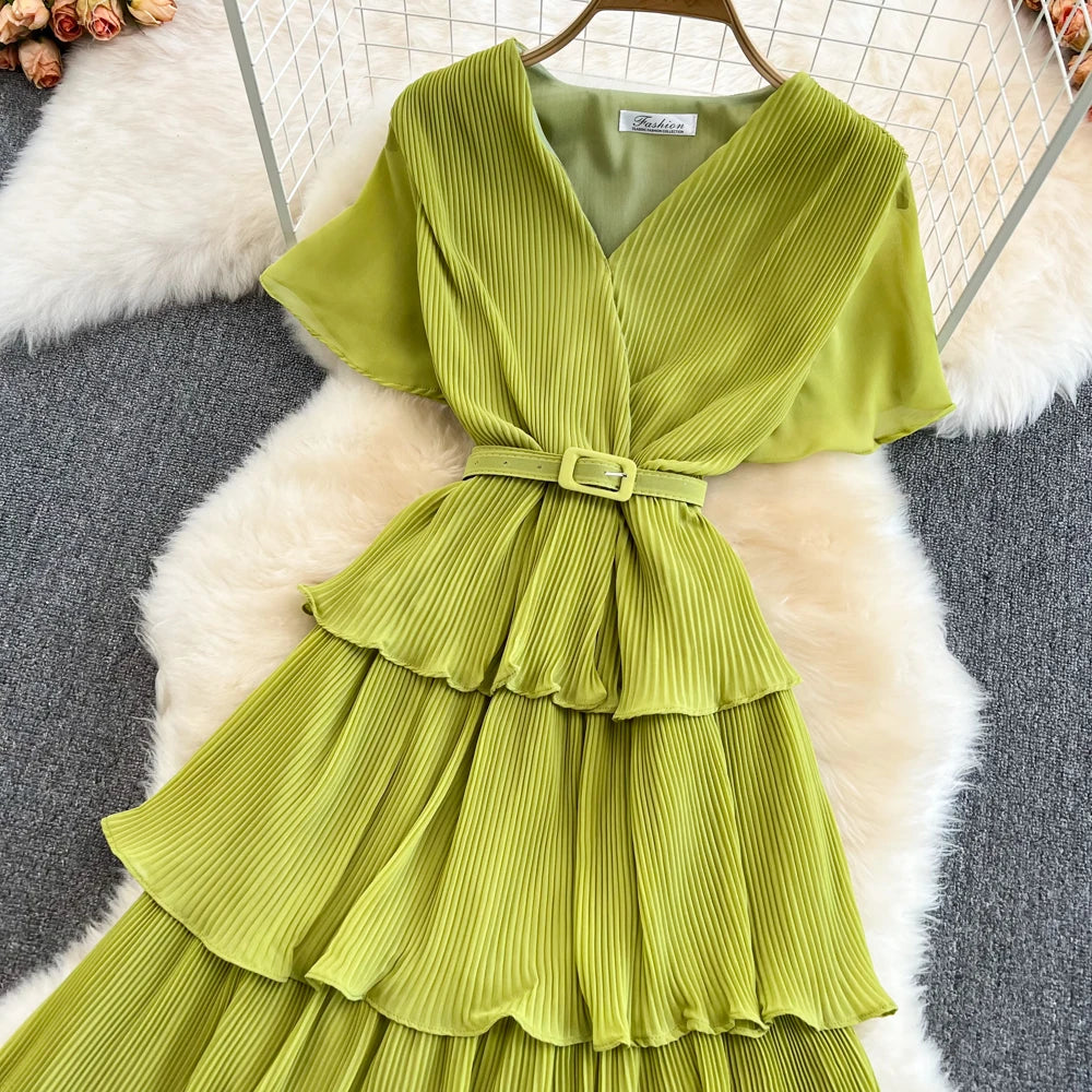 Babs Summer Beach Long Dress Women Elegant V-Neck Short Sleeve Cascading Ruffles Big Swing Female Red/Green/Pink Maxy Robe