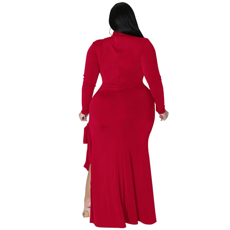 Maxy Plus Size Fall Clothing Women Long Sleeve Fashion High Slit Split Sexy Hollow Out Long Maxy Dress