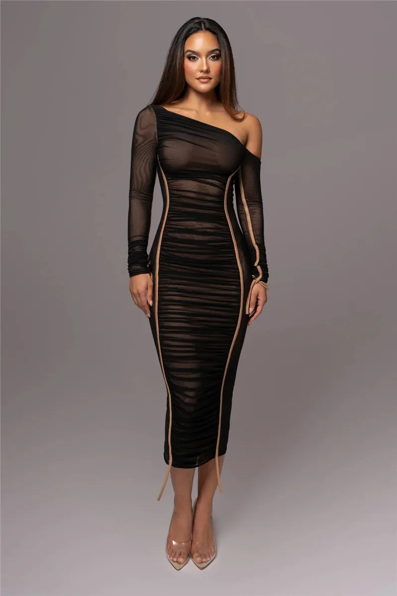 Maxy Diagonal Collar Long Sleeve Midi Dress for Women Two Layer Mesh Backless Bodycon Club Party Sexy Long Dress