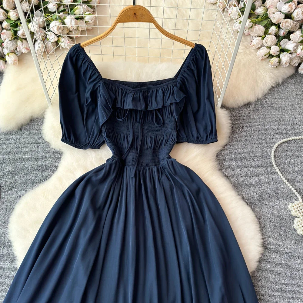 Babs Chic Elegant Square Collar Macy Dress Women Solid Short Puff Sleeve Dresses 2024 Korean Fashion Vintage Ruffle Vestidos