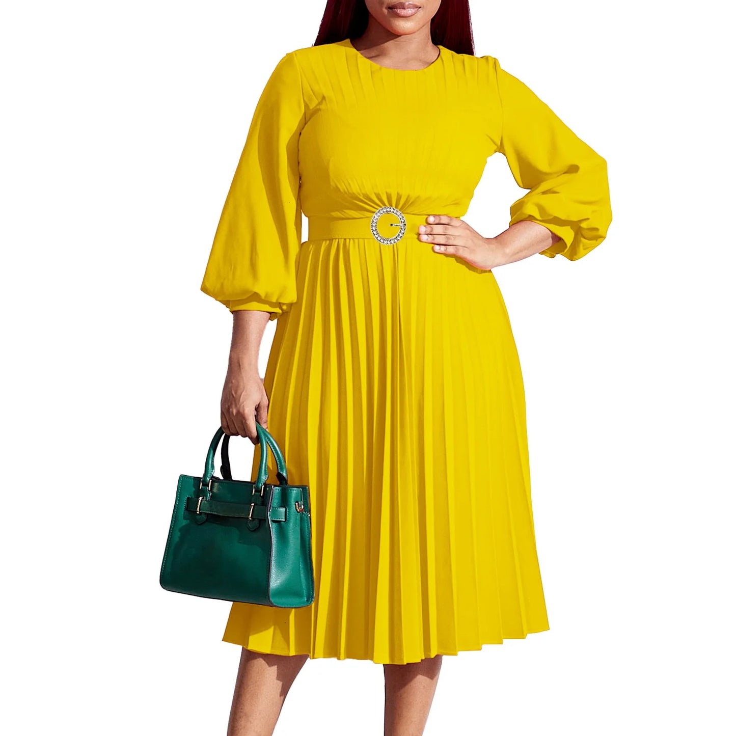 Maxy Elegant Dresses Woman Pleated O Neck Full Sleeve Belt Waisted Mid Calf Luxury Female Birthday Party Dinner Vestidos Mujer