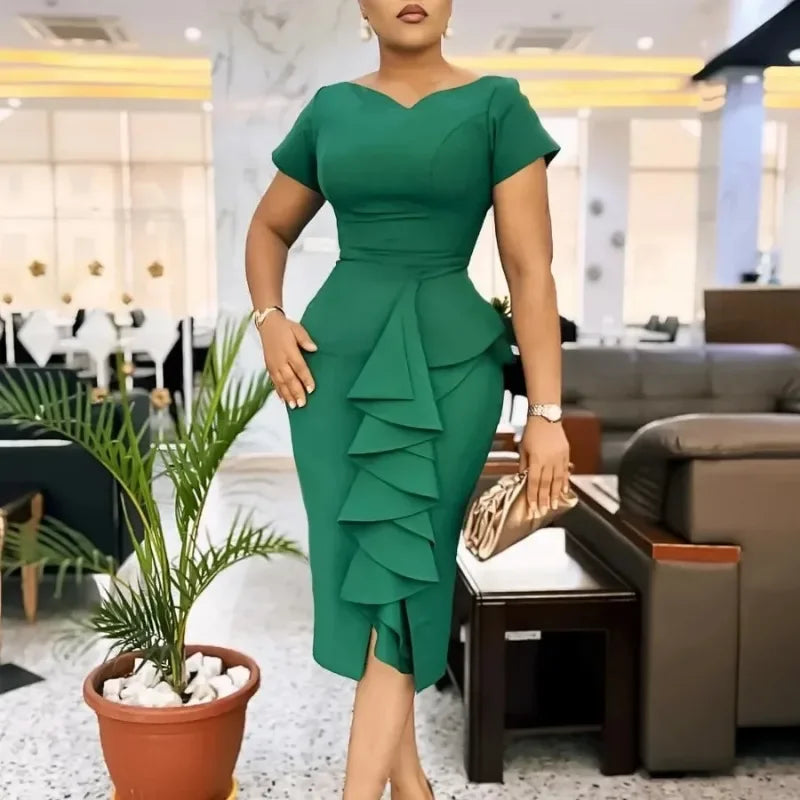 Babs Elegant Dresses for Women Summer Short Sleeve V-neck Polyester Bodycon Dress Gowns Outfits Africa Clothing