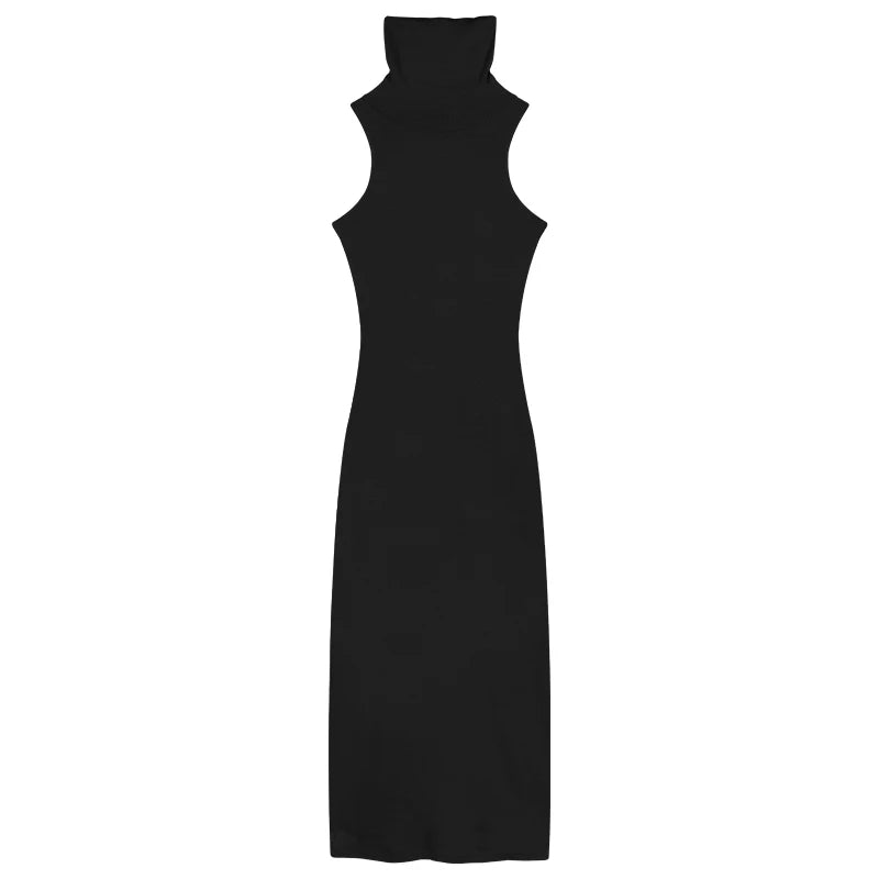 Maxy Elegant Black Sleeveless Turtleneck Bodycon Sexy Dress for Women Club Party Tank Maxi Dresses Skinny Fashion Summer dress