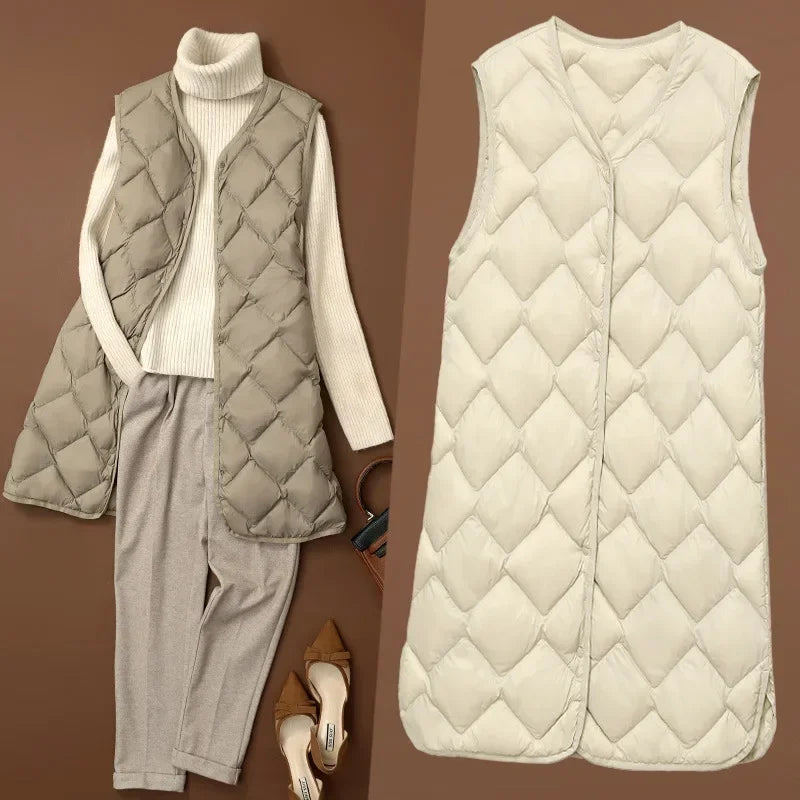 Maxy Plus Size Female Korean V-neck Casual Ultra-Light Vest Coat Autumn Winter Women X-Long White Duck Down Warm Sleeveless Jackets