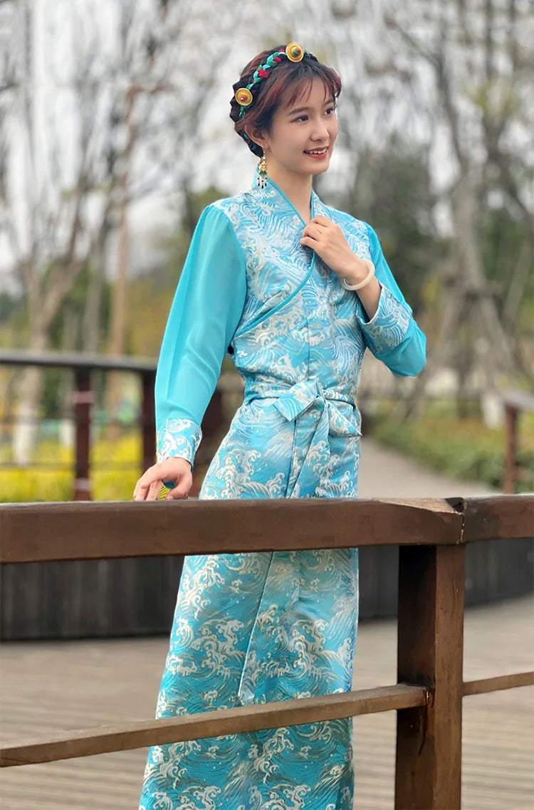 Summer Elegant Asian costume Tibetan Dress For Women Long Sleeve Traditional Ethnic clothing Oriental Ladies gown