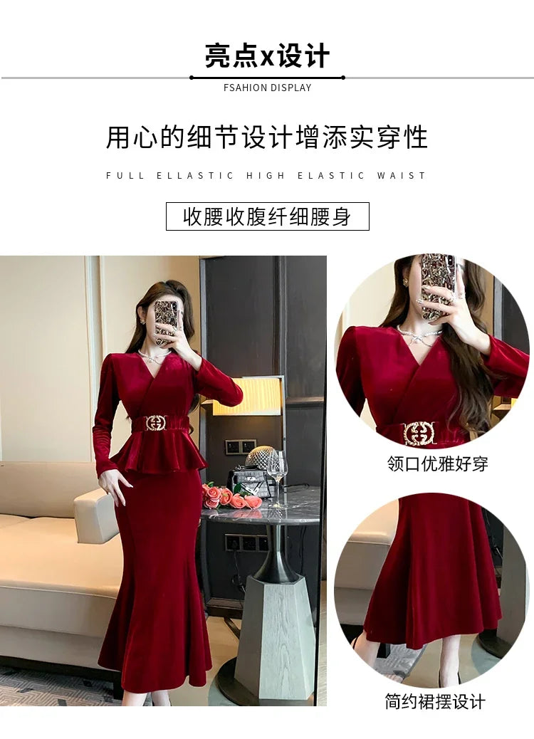 Babs Winter Red Velvet Chic Ruffled Bandage Long Dress Women Elegant Luxury Festival Dress Gown Korean Elegant Prom Dress