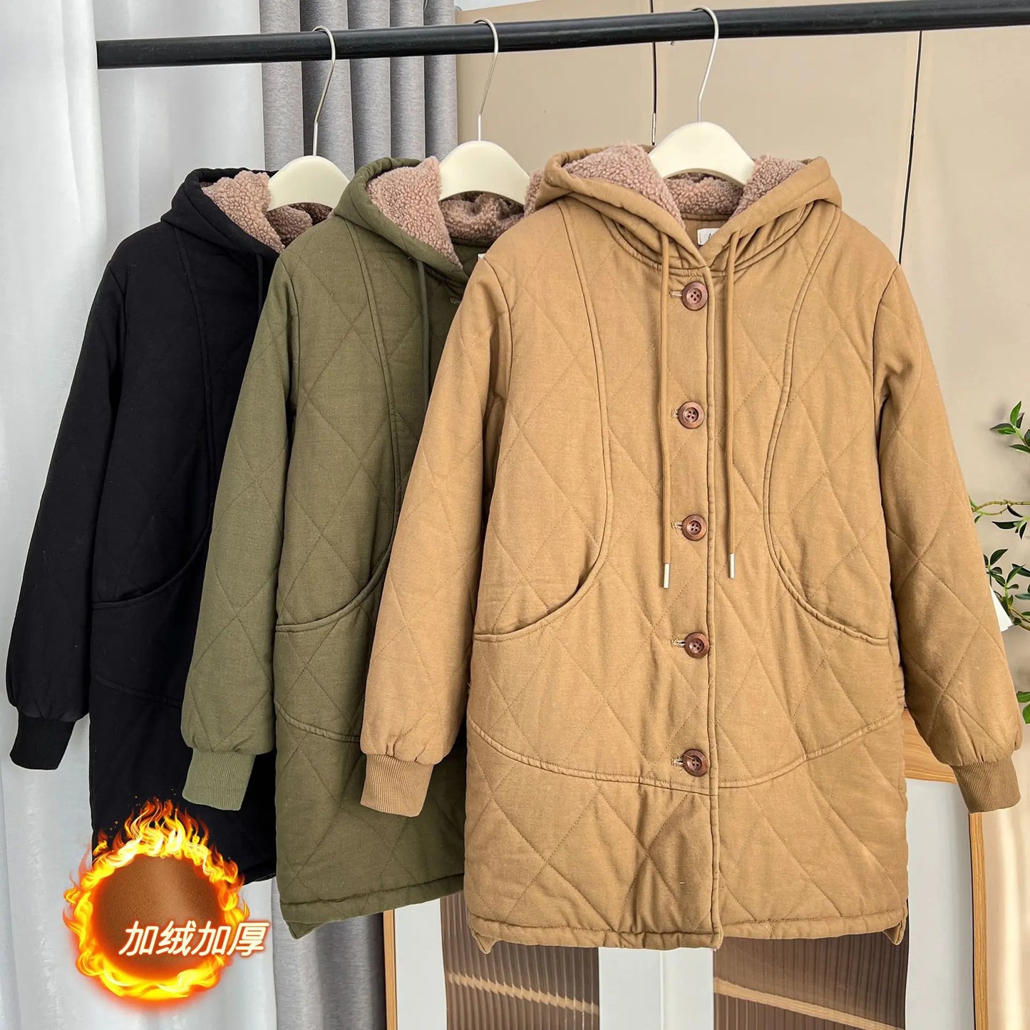 Winter 100kg Simple Mid-length Fleece Lining Hooded Cotton-padded Jacket Plus Size Women's Thick Warm Parka