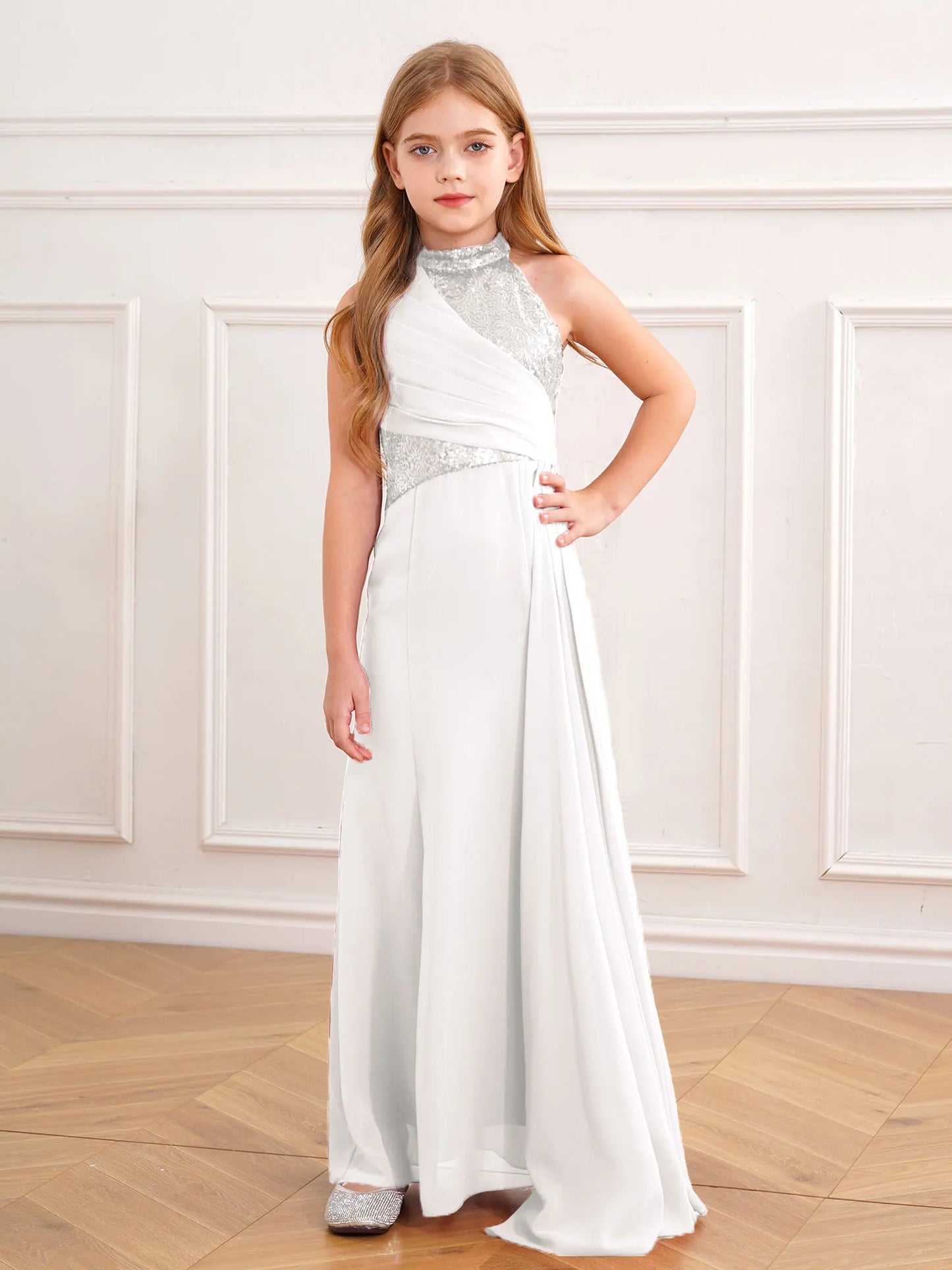 Children Gacy Wedding Flower Girls Dress Sleeveless Shiny Sequined Party Gown Floor-Length Dress Evenings Birthday Banquet Prom Gown