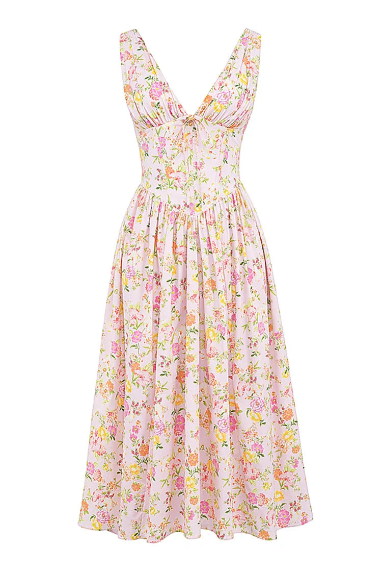 Maxy New Arrivals Summer Elegant Floral Print Women Dress Long A Line Casual V-neck Sleeveless High Waist Daily Dress