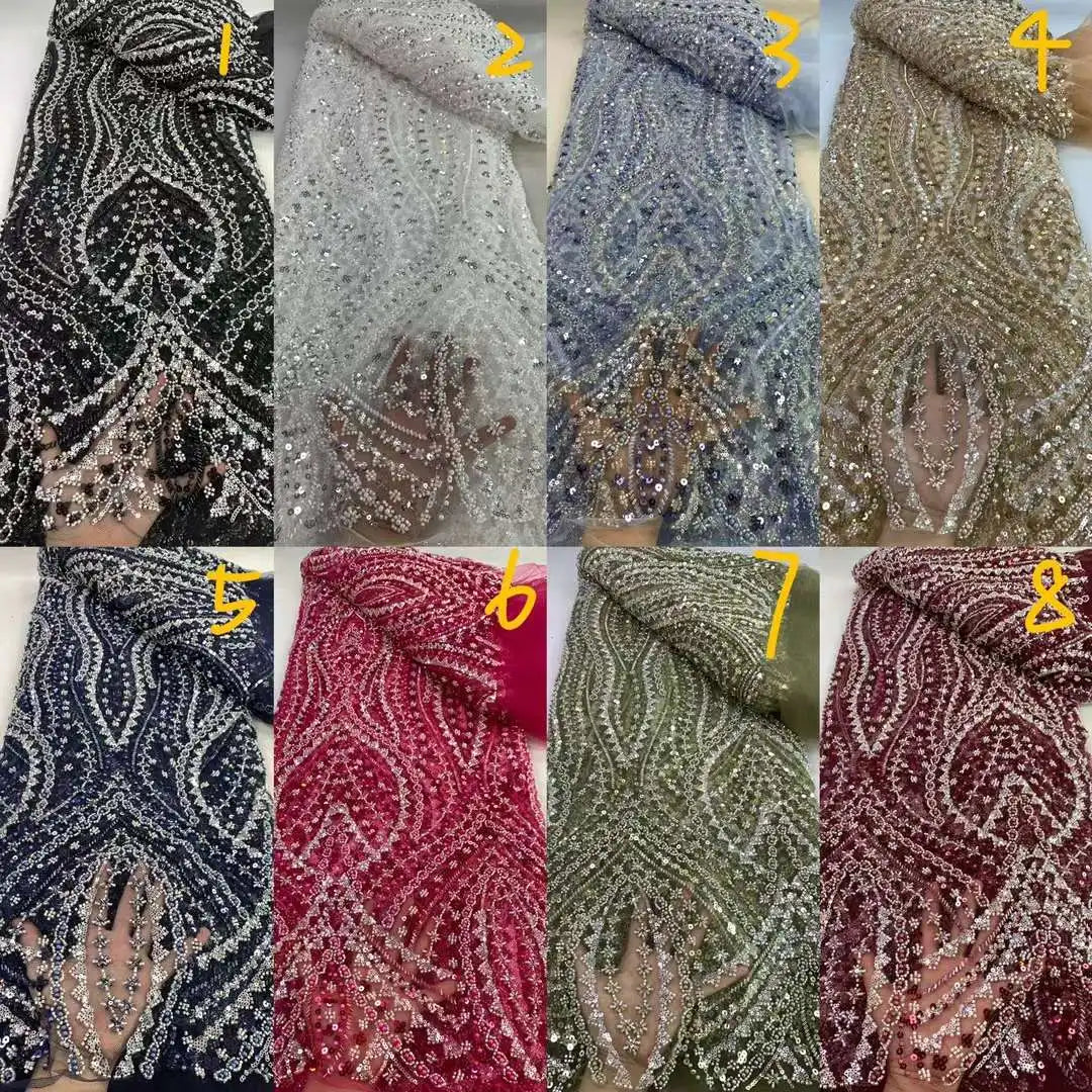 Macy Fashion African Luxury Beaded Tulle Lace Fabric French Handmade Sequins Embroidery Lace Fabric for Women Christmas Party Dresses