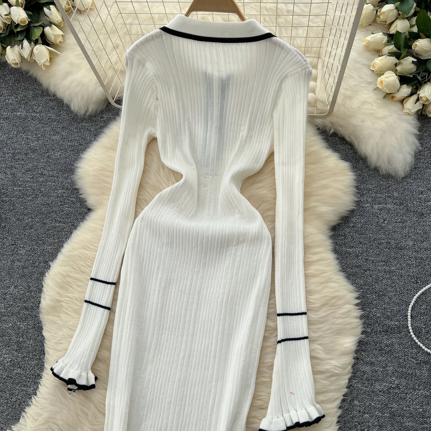 Macy French Vintage Knitted Dress Women Lapel Long Sleeved Slim Bodycon Dresses Ladies Slim Elegant Spring Autumn Long Robe Vestidos