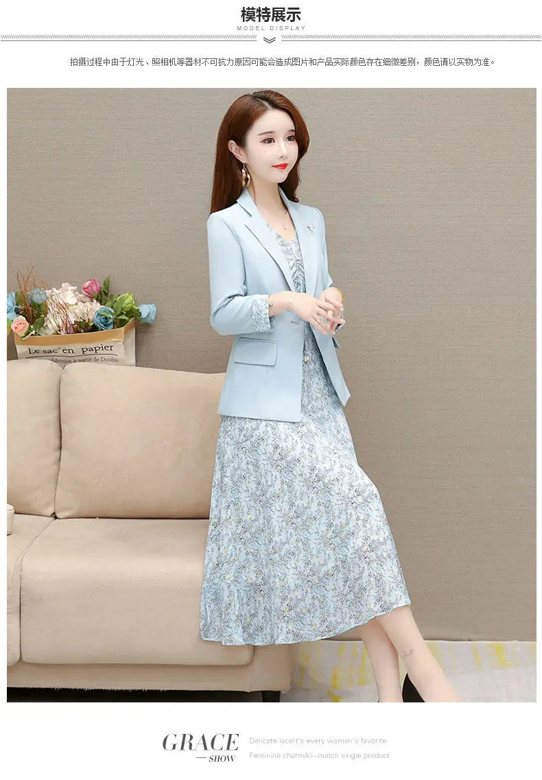 Maxy Women's Dress Set Spring Summer New Fashion Floral Suit Jacket+chiffon Skirt Two-piece Korean Casual Blazers Matching Sets