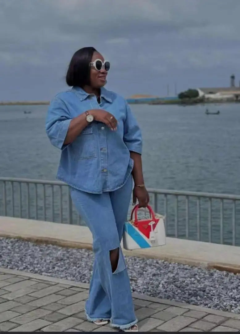 Maxy Denim Pant Set Women Two Piece Sets Turn Down Collar Matching Sets Single Breasted Shirt Tops Wide Leg Long Pants High Waist