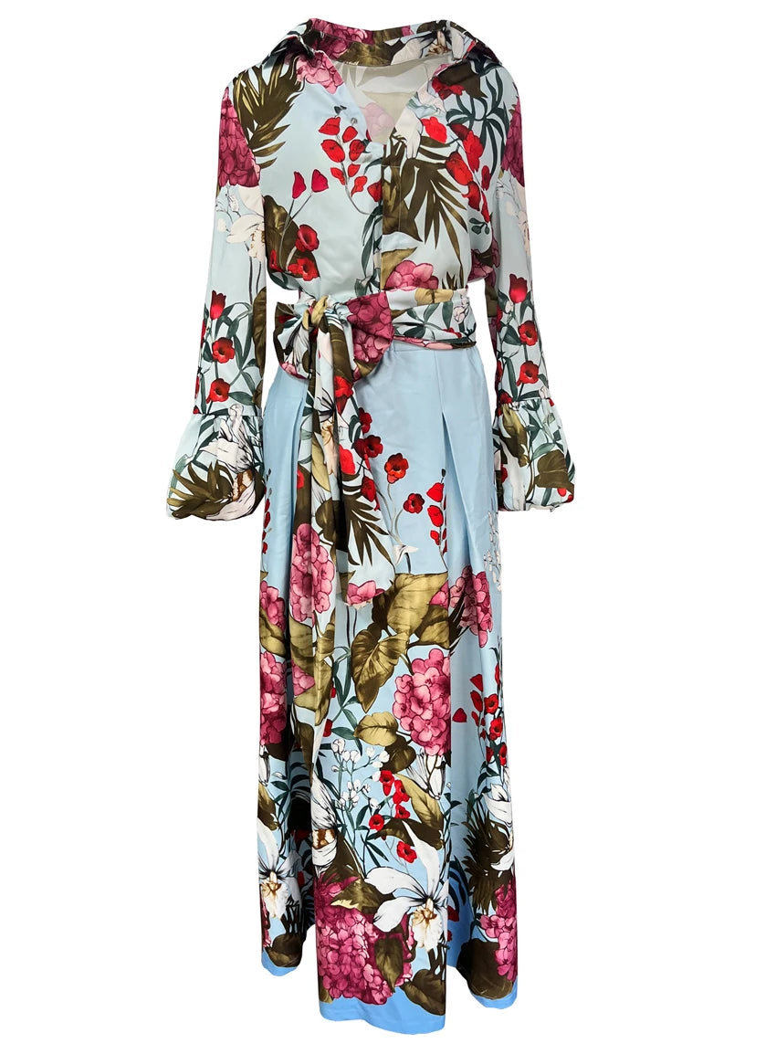 Maxy Spring Floral Print Women's Two Pieces Set Long Sleeve Shirts & High Waist Long Skirt Suits Female Chic Elegant Skirts Set