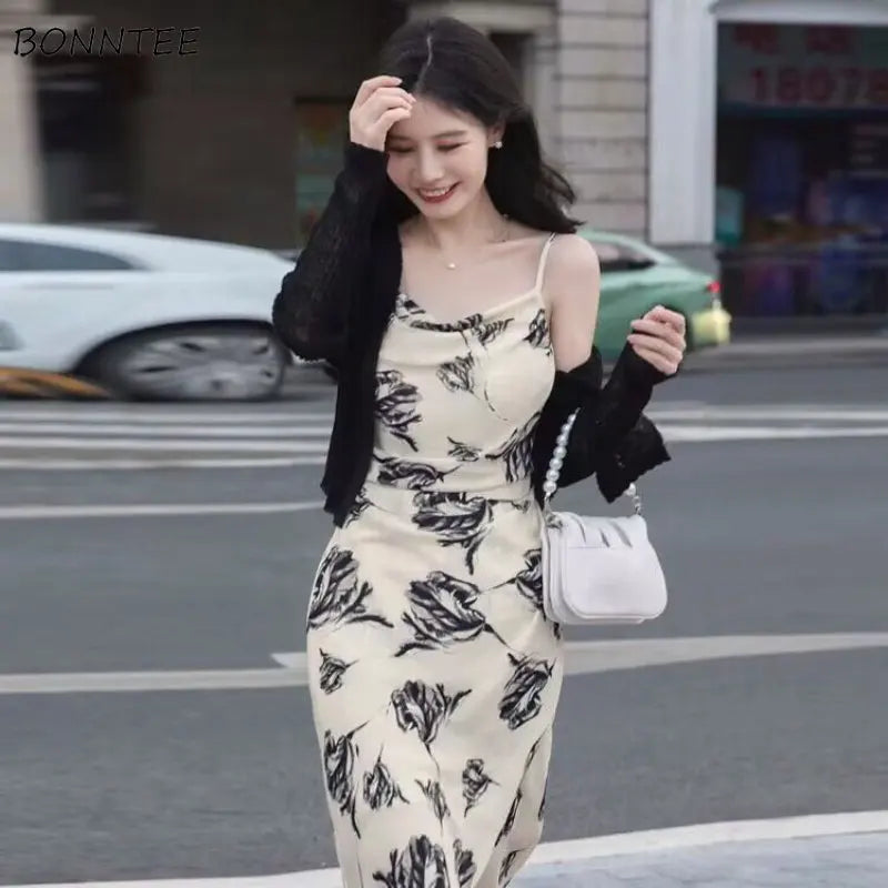 Maxy Printed Dresses Women Holiday Casual Summer Ins Sexy Graceful Korean Style New Female Mature Temperament Popular Empire Vintage