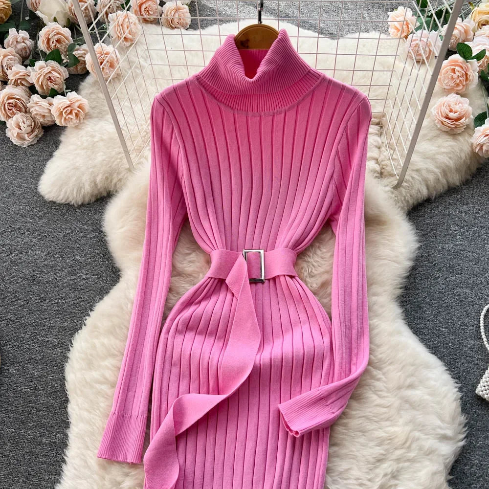 Babs Green Winter Turtleneck Sexy Women Dress Autumn Long Sleeve Skinny Macy  Bodycon Casual Sweater With Belt Party Club