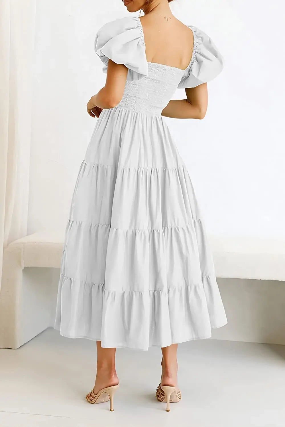 Maxy Dress Women Clothing Ruffles Ruched A-Line Frock Square Neck Short Sleeve Dress Vacation Streetwear Outfits Summer