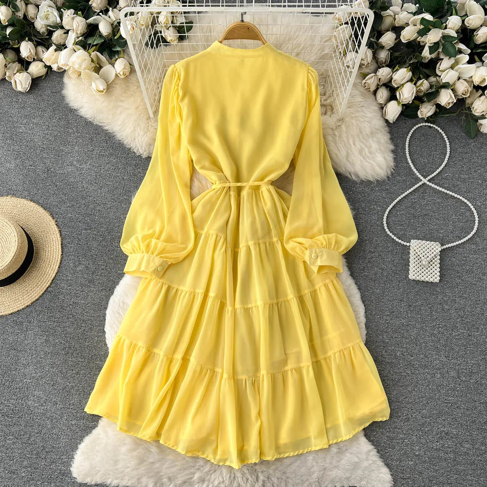 Maxy Spring Autumn Women Purple/Yellow/Blue Draped Chiffon Midi Dress Elegant Stand Collar Single Breasted Lantern Sleeve dress