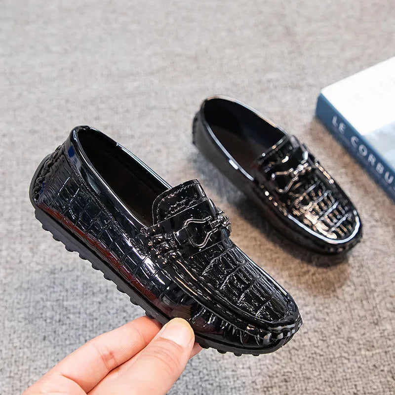 Visco Boys Leather Shoes Round-toe Flat Soft Kids Fashion Casual Loafers Glossy Metal Buckle Children Moccasins Non-slip Britain Style
