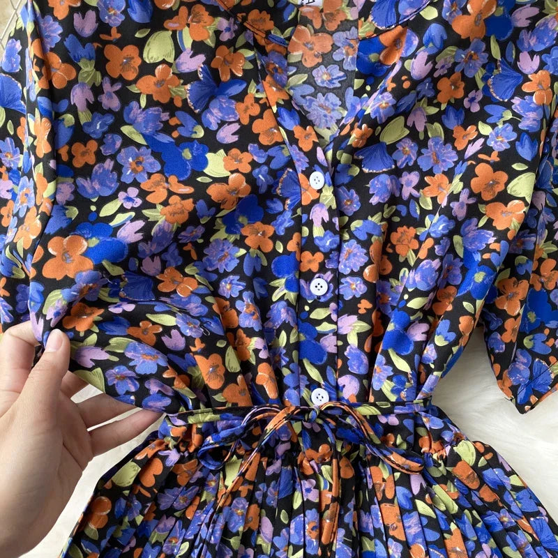 Momsey Summer Women V-Neck Short Sleeve Bandage Slim Long Dress Chic Sweet Floral Pleated Hem Vacation Dress