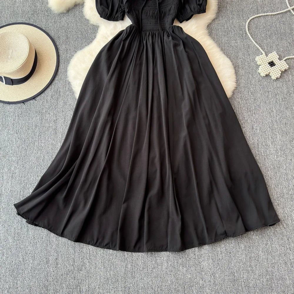 Babs Chic Elegant Square Collar Macy Dress Women Solid Short Puff Sleeve Dresses 2024 Korean Fashion Vintage Ruffle Vestidos