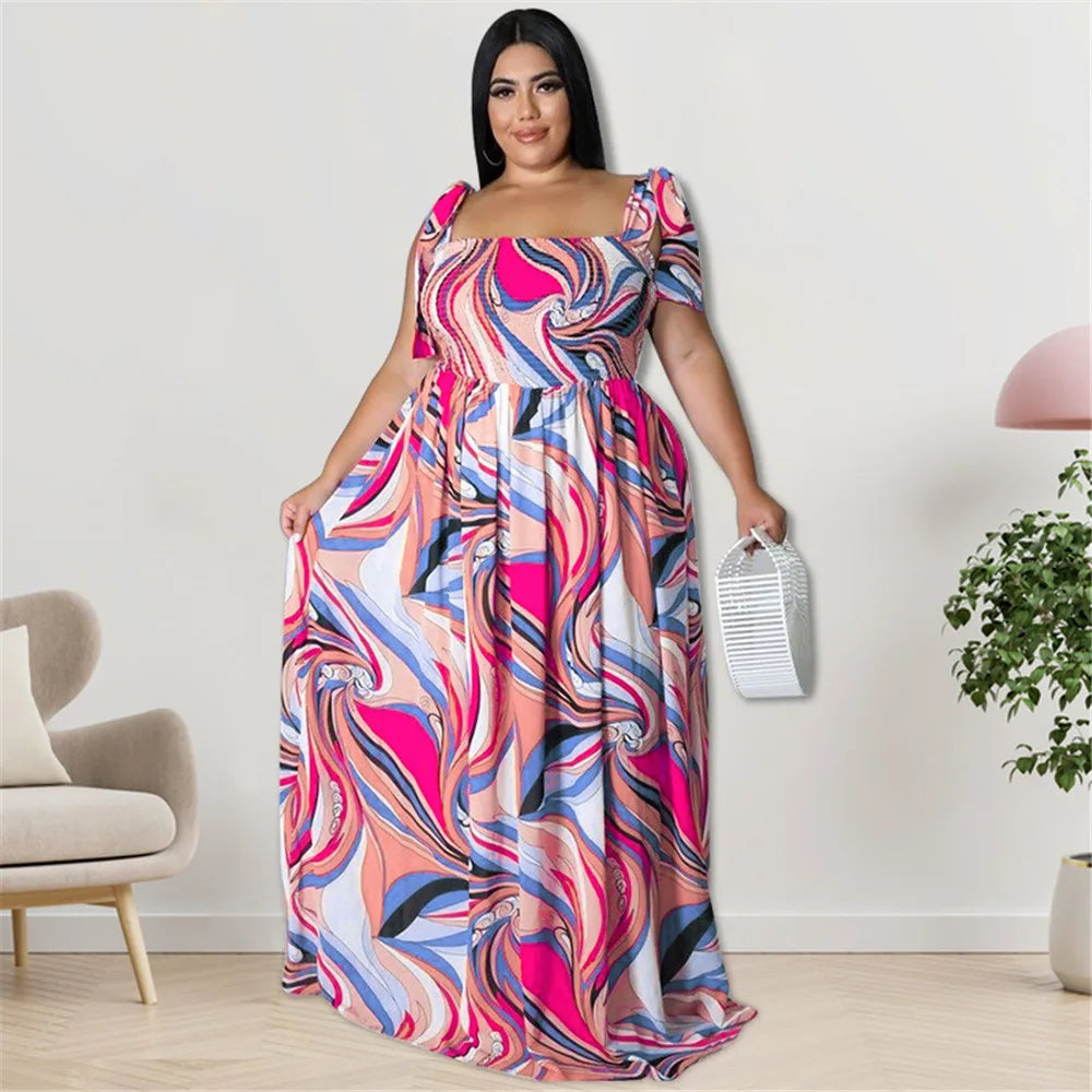 Maxy Plus Size Summer Dress Women's Clothing Flower Printed Slip Bandage Elegant Mini Dress Hot Sale