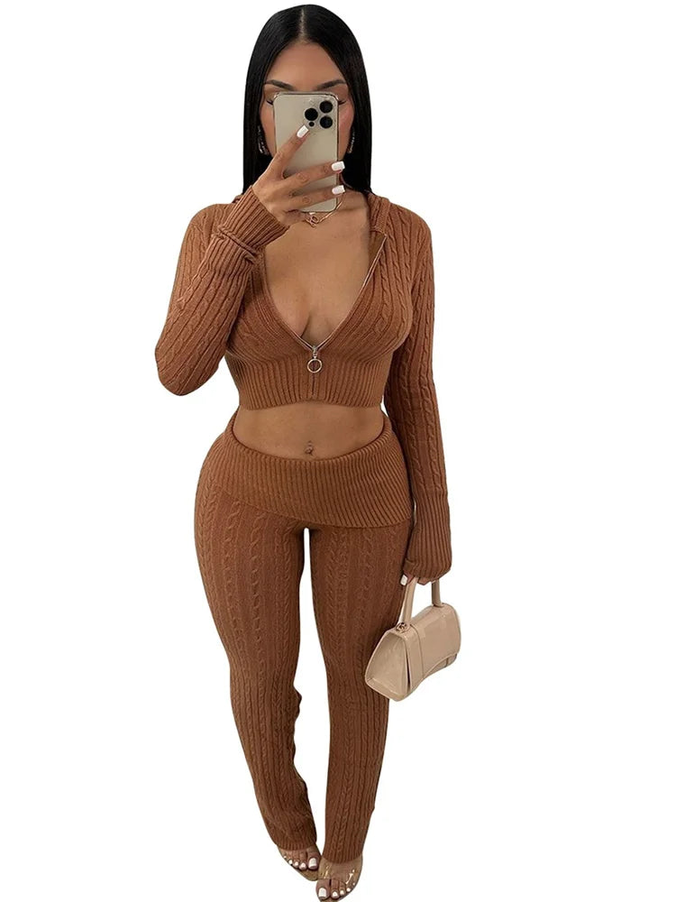 Maxy New 2 Piece Sets Women Clothing Pants Sets Casual Solid Color Knitted Long Sleeved Two-piece Set