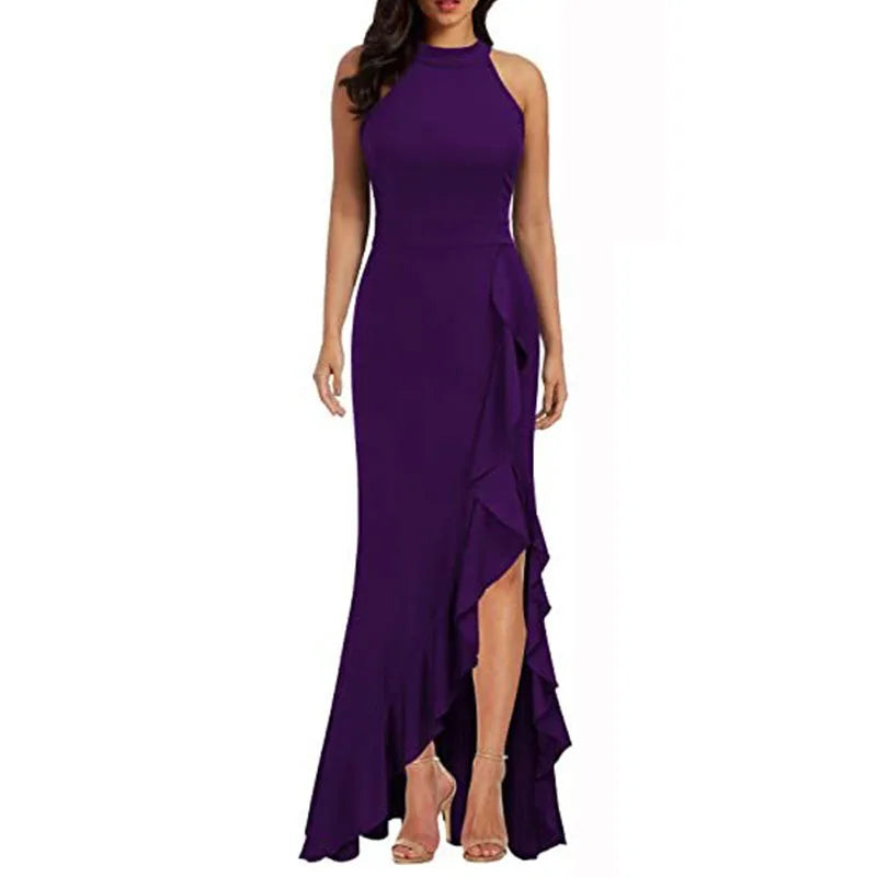 Maxy Women High Waist Plus Size Sleeveless Halter Maxy Dress Evening Dresses for Party Wedding