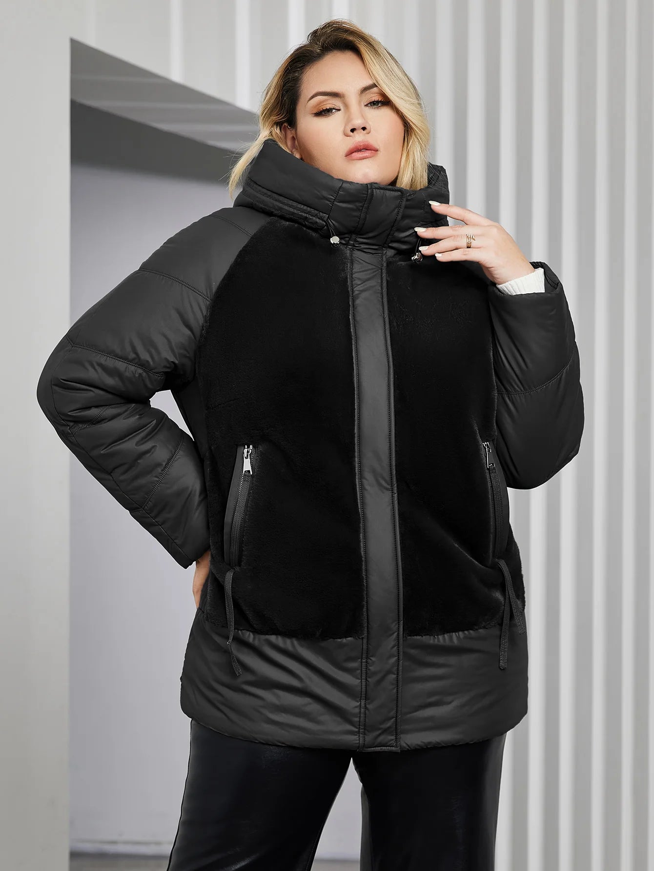 GACY Plus Size Winter Jacket Women Faux Fur Stitching High Quality Wool Warm Fashion Women's Parka Female Plush Coat Hooded