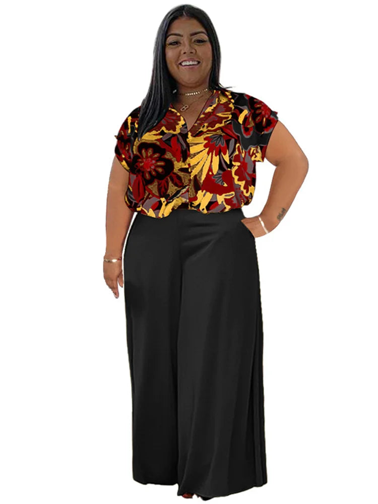 Maxy Plus Size Two Piece Sets Women Clothing Printed T-shirts Tops and Solid Pants Wide Leg Pockets