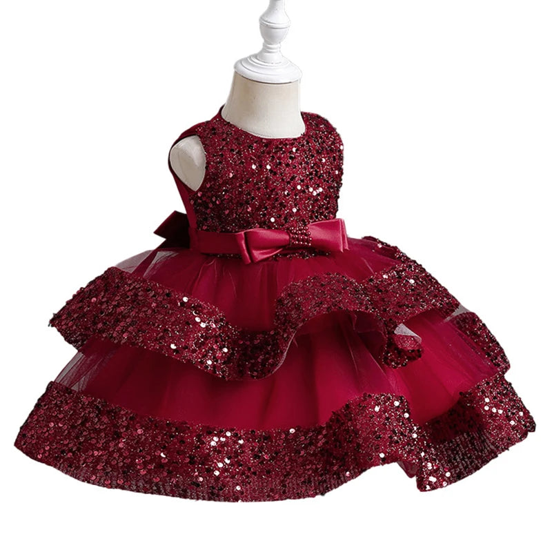 Summer New Beaded Bow Tie Sequin Mesh Children's Sleeveless Evening Dress School Graduation Party Multi Layered Dress