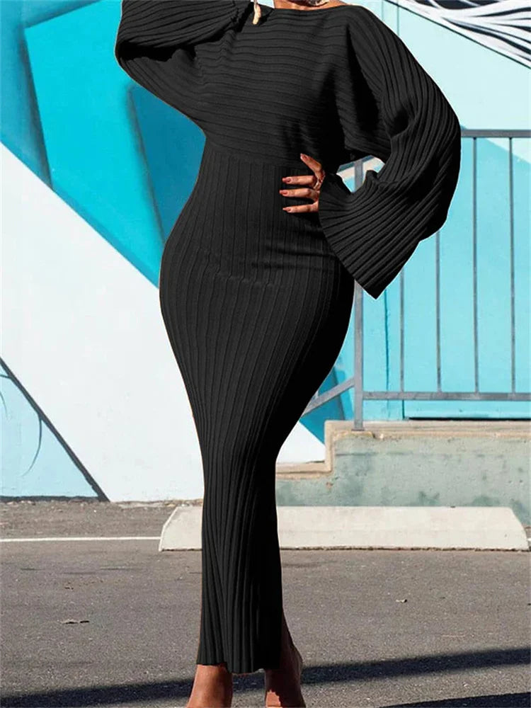 Maxy Women Dress Sexy Slim Fit O-Neck Long Sleeve Cocktail Party Elegant Ribbed Solid Color Hip Wrap Knitted Long Dresses Gown