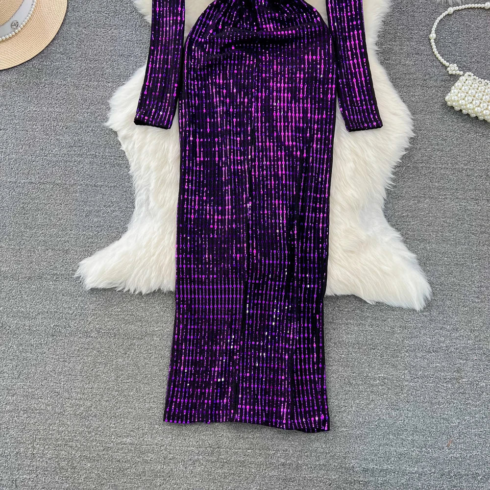 Babs Elegant Chic Y2K Women's Dress Long-sleeve V-neck Split Sequins Patchwork Hip Warp Dresses Autumn Winter