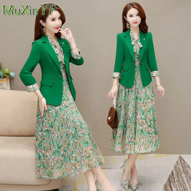 Korean Babs Elegant Suit Jacket Dress Set Women's Autumn New Fashion Blazer Coat Chiffon Floral Dresses Two Piece Female Clothing