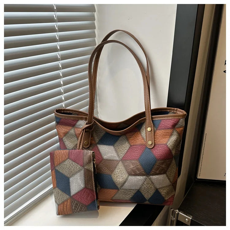 Maxy Vintage Patchwork PU Leather Casual Tote Bags For Women, Large Capacity Shoulder Bag Ladies Handbags And Purses