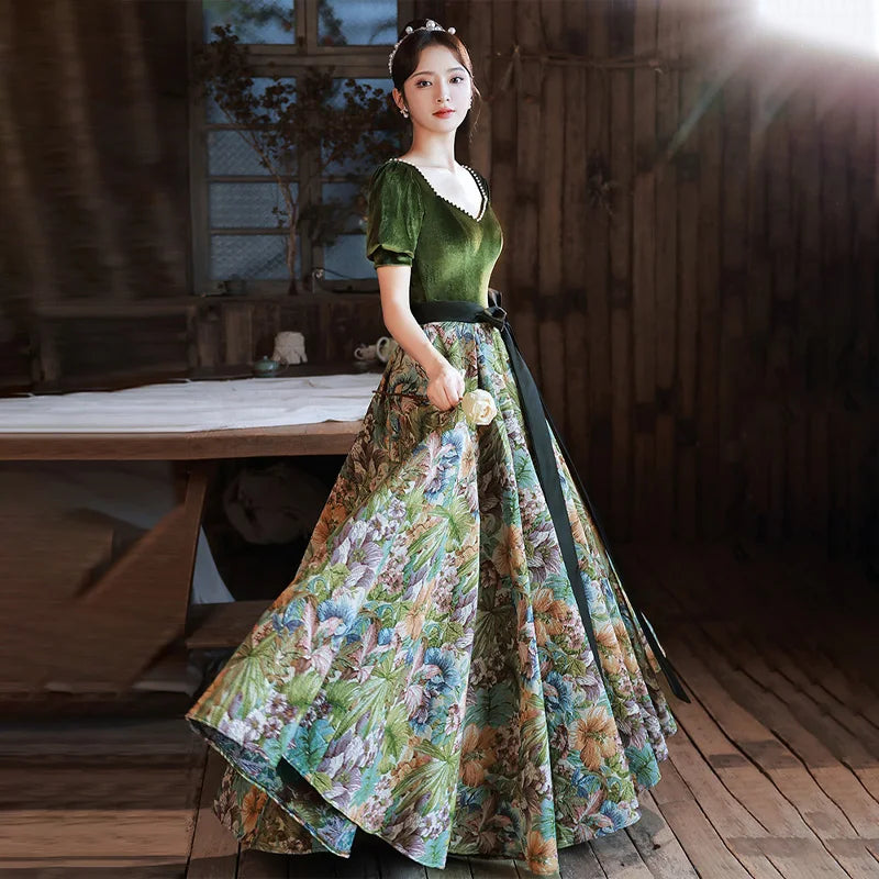 Macy Evening Dress Green Velvet Floral Square Collar Short Sleeves A-line Floor-length Plus size Women Party Formal Gown