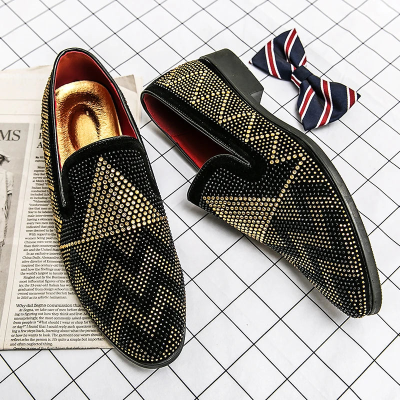 Maxy Fashion Italian handmade rhinestone leather shoes men's casual foot set slip-on leather hair stylist bean shoes fashion