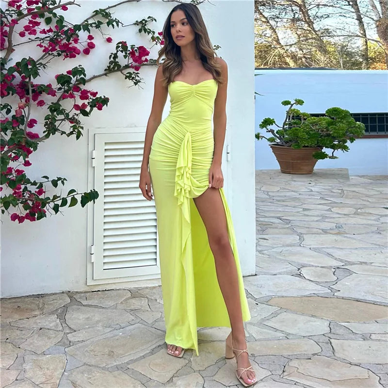 Babs Elegant Sleeveless Ruffle Edge Irregular Women Dress Summer New Fashion Pleated Split Slim Party Evening Dress