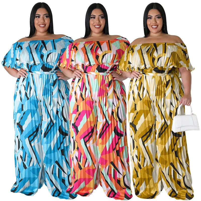 Maxy Plus Size Jumpsuit Women Clothing Pleated Wide Leg Off Shoulder Romper Printed One Piece Outfits