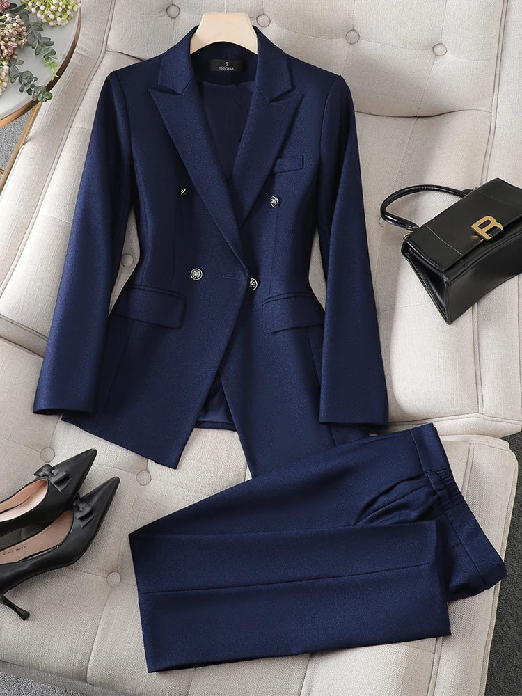 Maxy Gray Black Blue White Women's Pant Suit Long Sleeve Solid Ladies Blazer and Trouser Formal 2 Piece Set For Autumn Winter