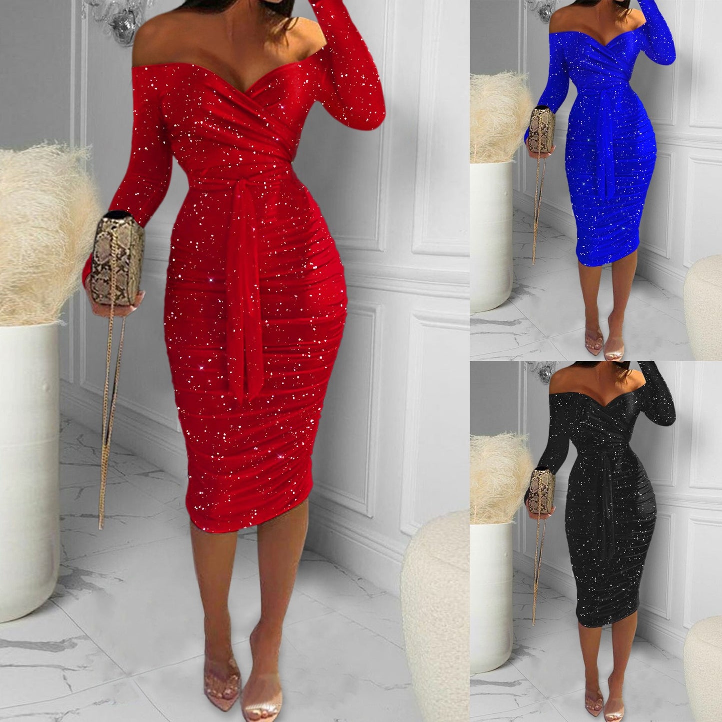 Babs Formal Dress for Women Sexy Off Shoulder Long Sleeve Slim Bodycon Hip Wrap Midi Red Dress Vintage Party Dress