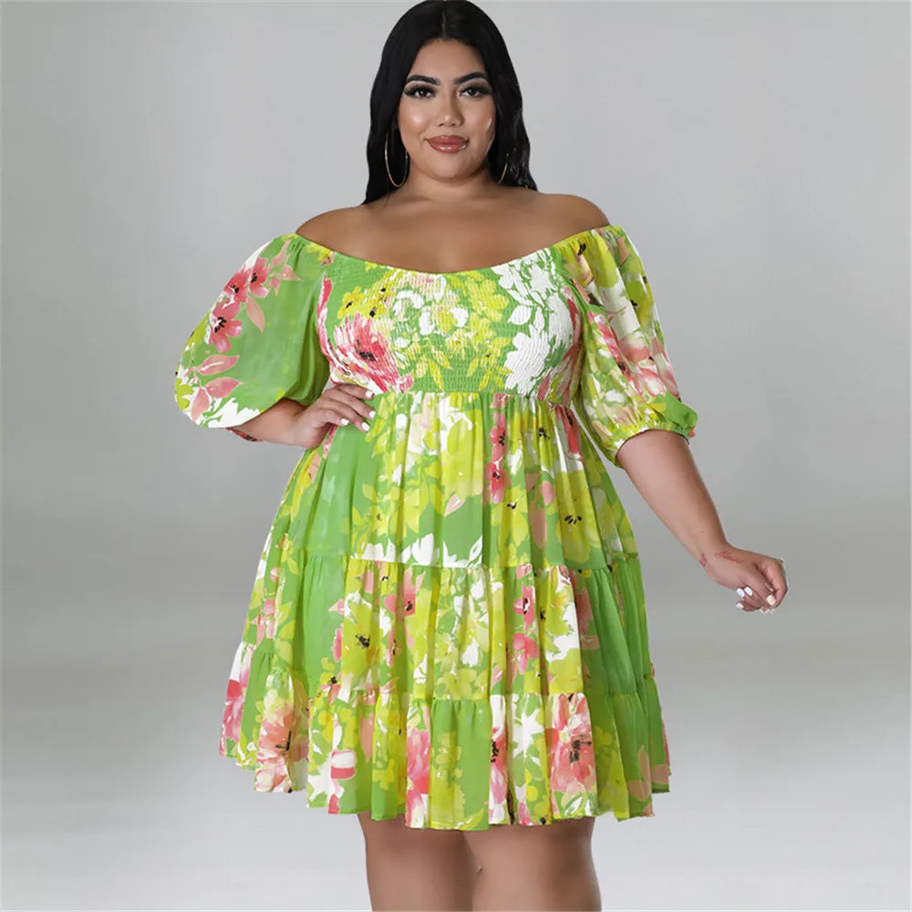 Maxy Plus Size Summer Dresses Women's Clothing Flower Printed One Shoulder Elegant Mini Dress Hot Sale