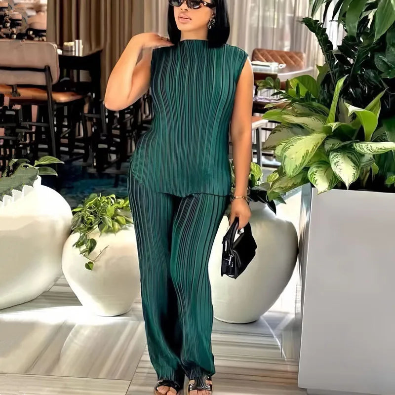 Maxy 2 Piece Sets Women Outfit Elegant Pleated Sleeveless Slim Top and Wide Leg Pants Set Chic Womens Clothing