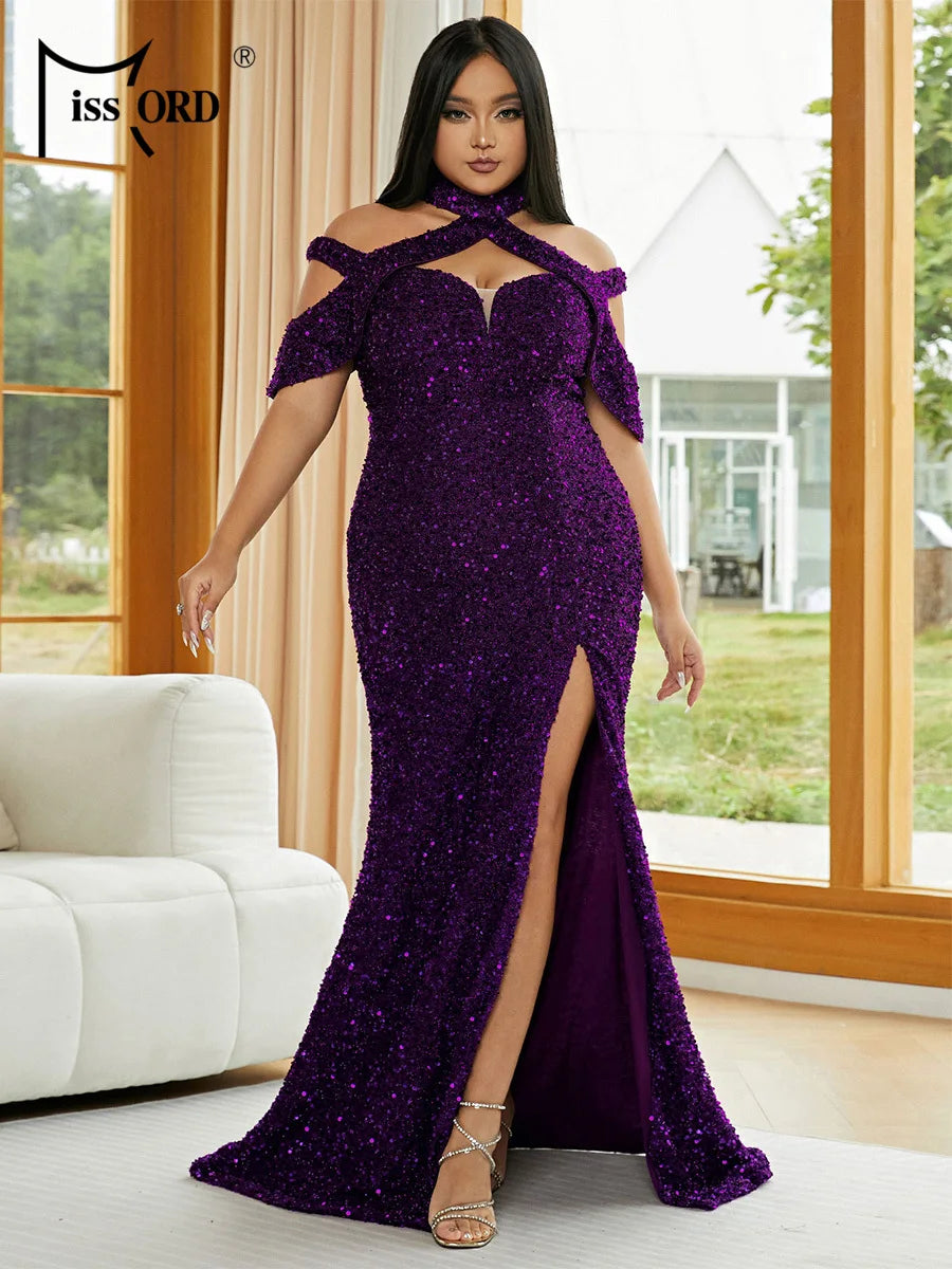 Maxy Plus Size Halter Sequin Split Floor Length Dress Elegant Party Dresses For Women 2023